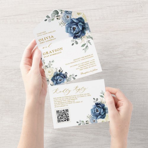 Dusty Blue Navy Champagne Ivory Wedding QR Code All In One Invitation