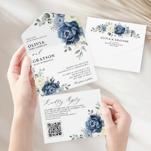 Dusty Blue Navy Champagne Ivory Wedding QR Code All In One Invitation
