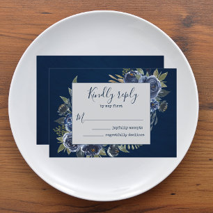 Dusty Blue Navy Champagne Ivory Wedding RSVP Card