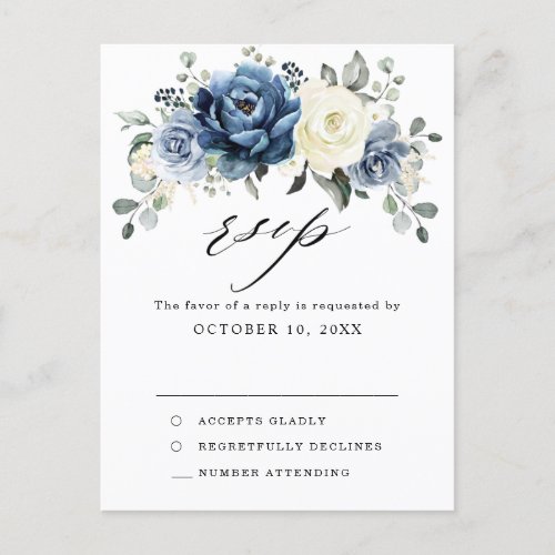 Dusty Blue Navy Champagne Ivory Wedding RSVP Postc Postcard