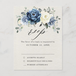 Dusty Blue Navy Champagne Ivory Wedding RSVP Postc Postcard