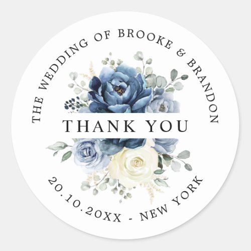 Dusty Blue Navy Champagne ivory Wedding Thank you Classic Round Sticker