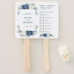 Dusty Blue Navy Champagne Ivory wedding Timeline Hand Fan<br><div class="desc">Dusty blue floral wedding itinerary timeline hand fan featuring elegant bouquet of navy blue, royal blue , white , gold, champagne ivory, blush color rose , ranunculus flower buds and sage green eucalyptus leaves and elegant watercolor bouquet. Please contact me for any help in customization or if you need any...</div>