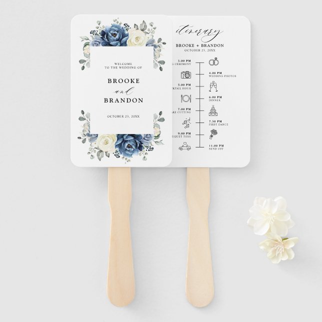 Dusty Blue Navy Champagne Ivory wedding Timeline Hand Fan (Front and Back)