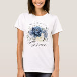 Dusty Blue Navy Champagne Mother of the Groom T-Shirt<br><div class="desc">Dusty blue floral mother of the groom t shirt featuring elegant bouquet of navy blue, royal blue , white , gold, champagne ivory, blush color rose , ranunculus flower buds and sage green eucalyptus leaves and elegant watercolor bouquet. Please contact me for any help in customization or if you need...</div>