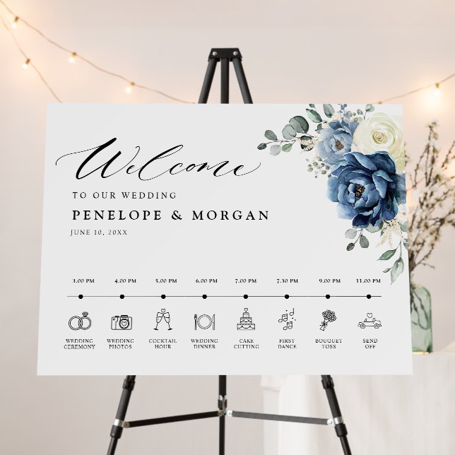 Dusty Blue Navy Champagne Wedding Welcome Timeline Foam Board (In Situ (Stand))