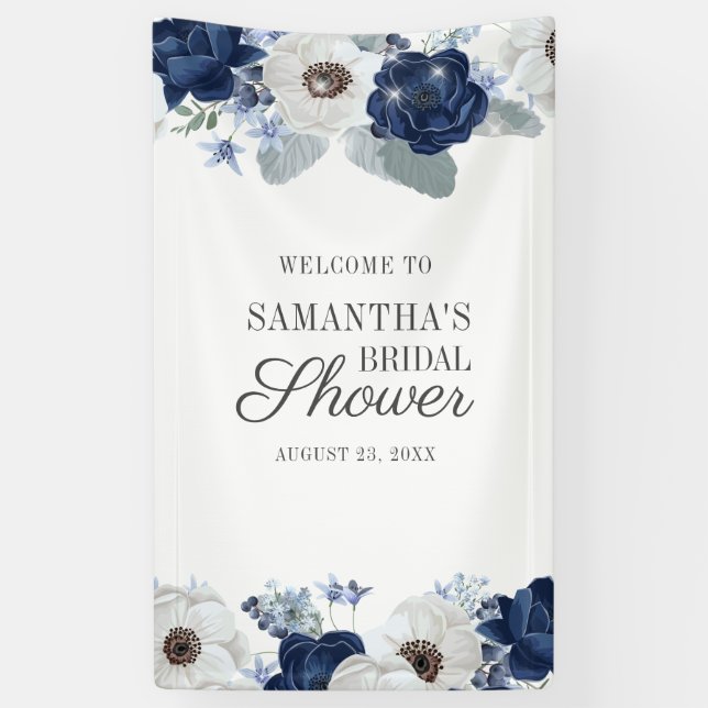 Dusty Blue Navy Floral Bloom Bridal Shower Banner (Vertical)