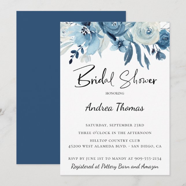 Dusty Blue Navy Floral Bridal Shower Invitation (Front/Back)