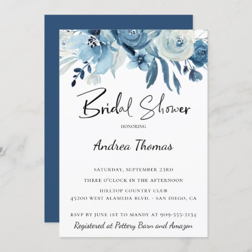 Dusty Blue Navy Floral Bridal Shower Invitation