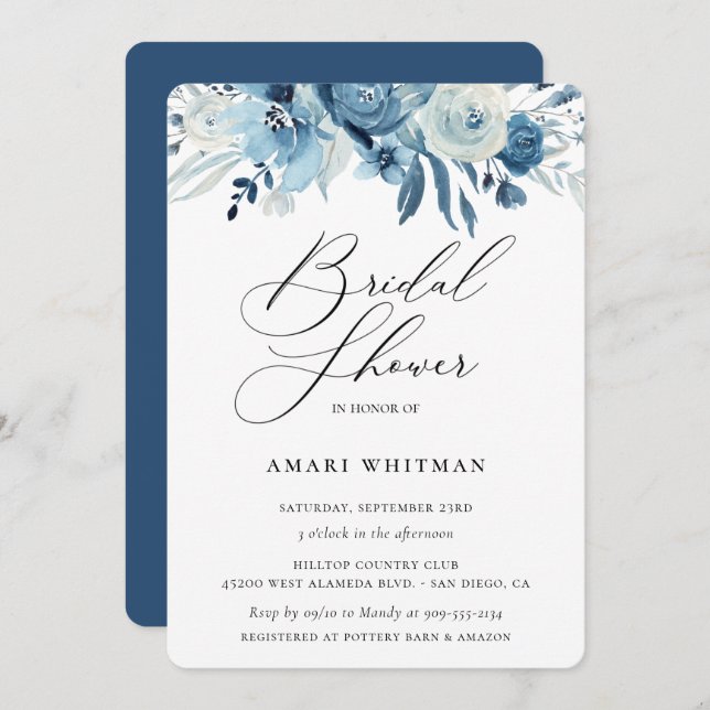 Dusty Blue Navy Floral Bridal Shower Invitation (Front/Back)