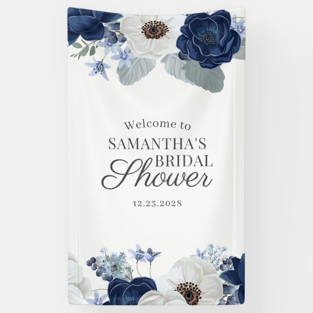 Dusty Blue Navy Floral Bridal Shower Script Banner (Vertical)