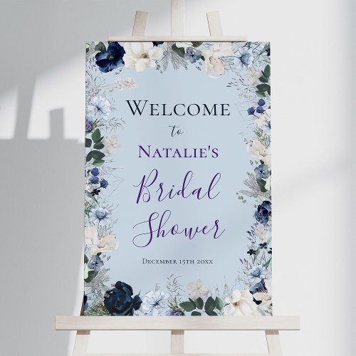 Dusty Blue Navy Floral Bridal Shower Welcome Sign