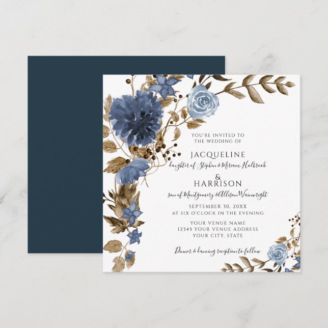 Dusty Blue Navy Floral Brown Foliage Wedding Invitation (Front/Back)