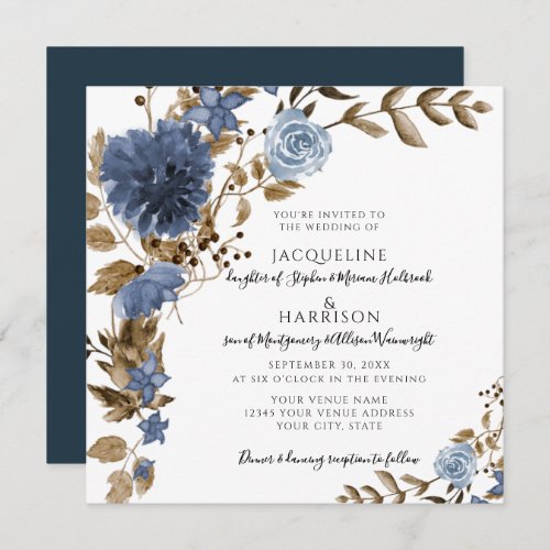 Dusty Blue Navy Floral Brown Foliage Wedding Invitation