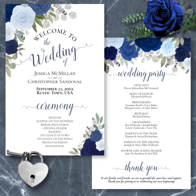 Dusty Blue & Navy Floral Budget Wedding Program | Zazzle