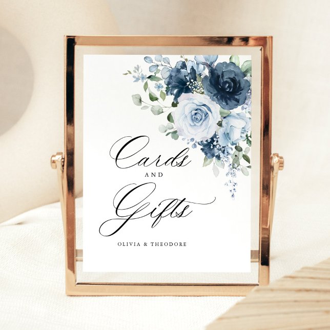 Dusty Blue Navy Floral Cards & Gifts Wedding Table Pedestal Sign (Dusty blue floral Cards & Gifts pedestal sign in a rose gold frame on a soft neutral wedding table)