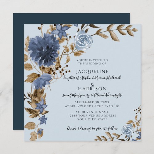 Dusty Blue Navy Floral Earth Tone Greenery Wedding Invitation