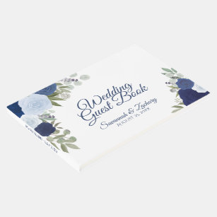 Dusty Blue & Navy Floral Elegant Boho Wedding Guest Book