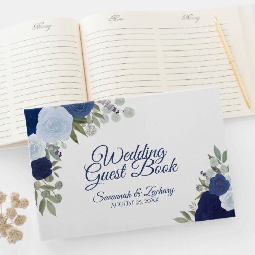 Dusty Blue  Navy Floral Elegant Boho Wedding Guest Book