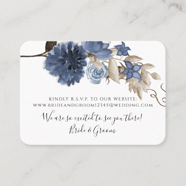Dusty Blue Navy Floral Elegant Greenery Wedding Business Card (Front)