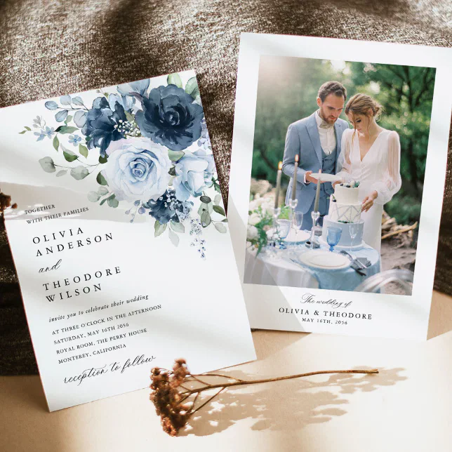 Dusty Blue Navy Floral Elegant Photo Back Wedding Invitation | Zazzle