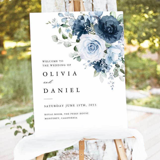 Dusty Blue Navy Floral Elegant Welcome Wedding Foam Board (Dusty blue navy floral wedding welcome sign on outdoor easel with elegant watercolor bouquet design)
