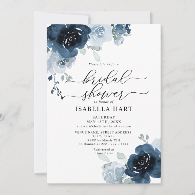 Dusty Blue Navy Floral Flowers Boho Bridal Shower Invitation (Front)