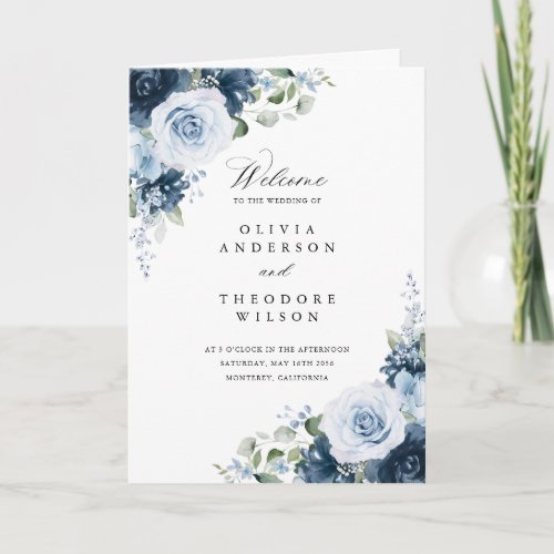 Dusty Blue Navy Floral Folded Wedding Ceremony Program