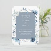 Dusty Blue Navy Floral Frame Wedding Invitation (Standing Front)