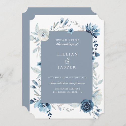 Dusty Blue Navy Floral Frame Wedding Invitation