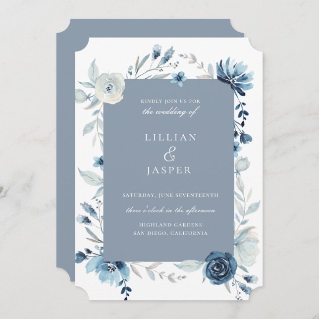 Dusty Blue Navy Floral Frame Wedding Invitation (Front/Back)