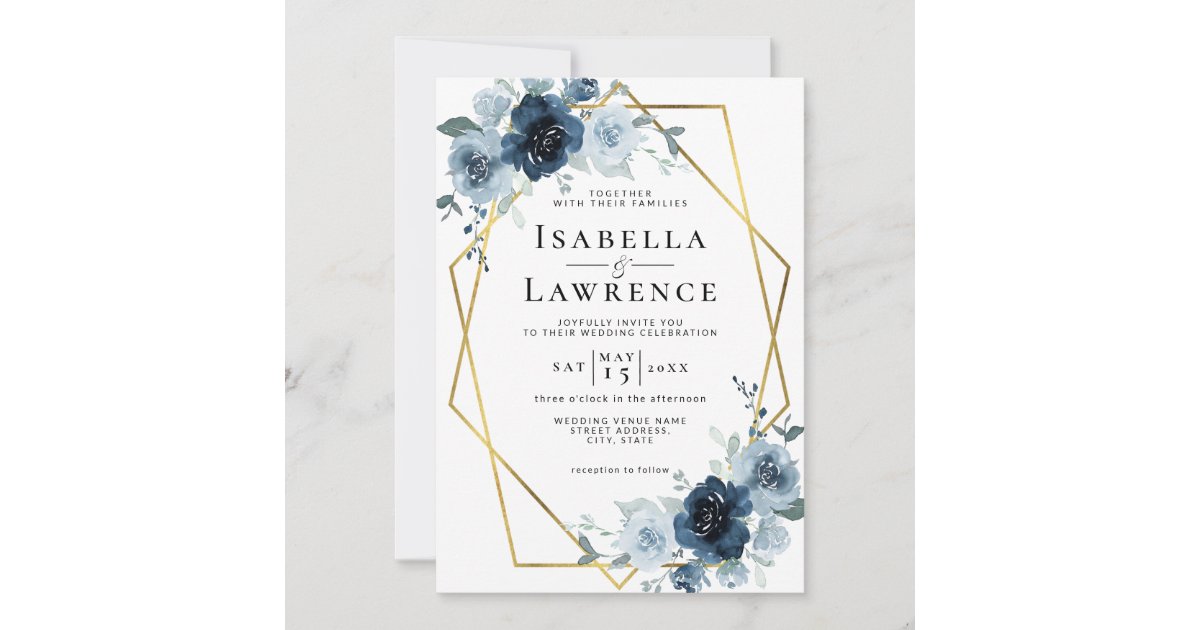 Dusty Blue Navy Floral Gold Foil Pastel Wedding Invitation | Zazzle
