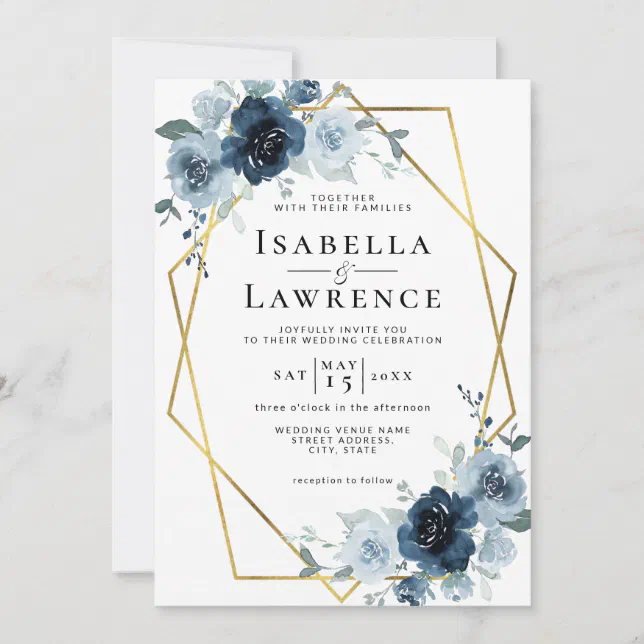 Dusty Blue Navy Floral Gold Foil Pastel Wedding Invitation | Zazzle