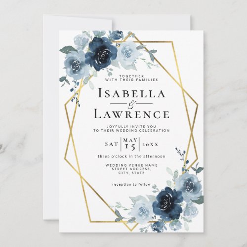 Dusty Blue Navy Floral Gold Foil Pastel Wedding Invitation