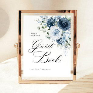 Dusty Blue Navy Floral Guest Book Wedding Table Pedestal Sign