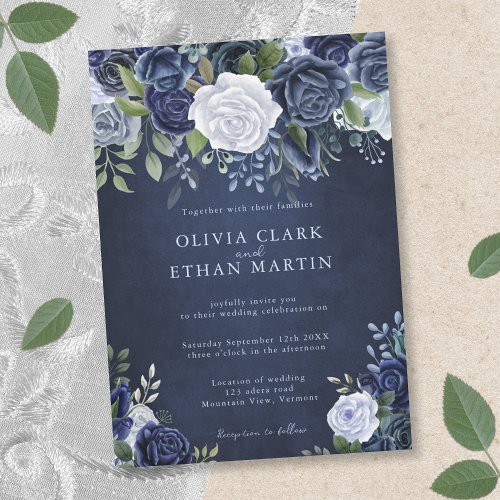 Dusty Blue Navy Floral Invitation