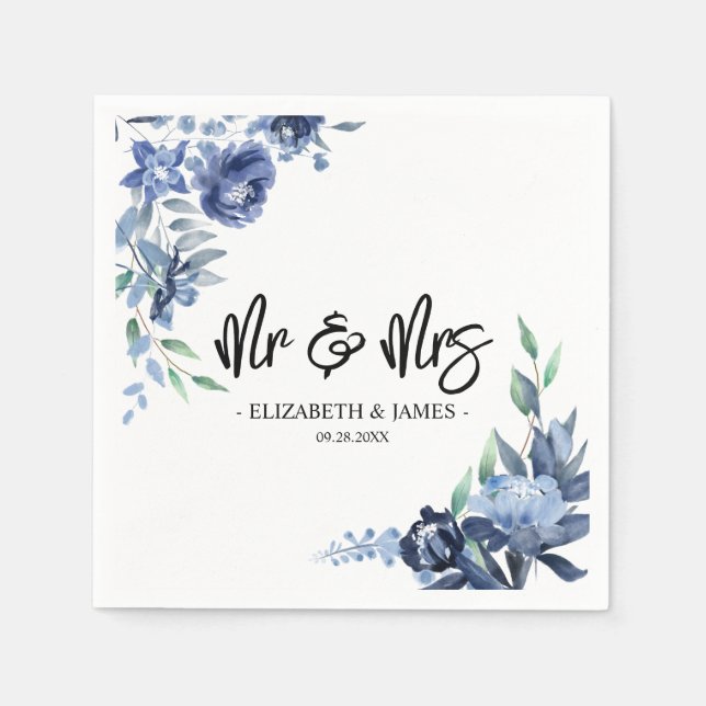 Dusty Blue Navy Floral Mr & Mrs Wedding  Napkins (Front)