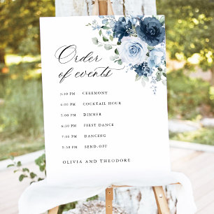 Dusty Blue Navy Floral Order of Events Wedding Foam Board