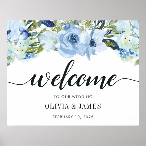 Dusty Blue Navy Floral Rose Wedding Welcome Sign