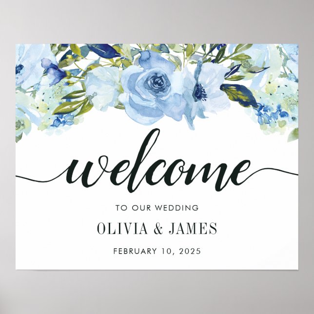 Dusty Blue Navy Floral Rose Wedding Welcome Sign (Front)