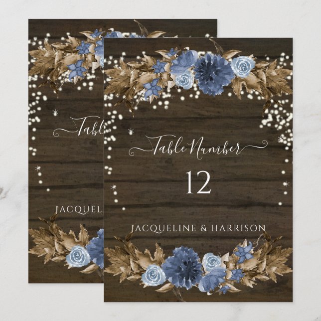Dusty Blue Navy Floral Rustic Lights Table Number (Front/Back)
