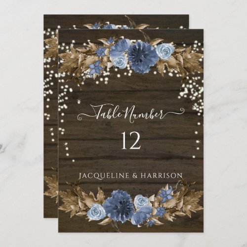 Dusty Blue Navy Floral Rustic Lights Table Number