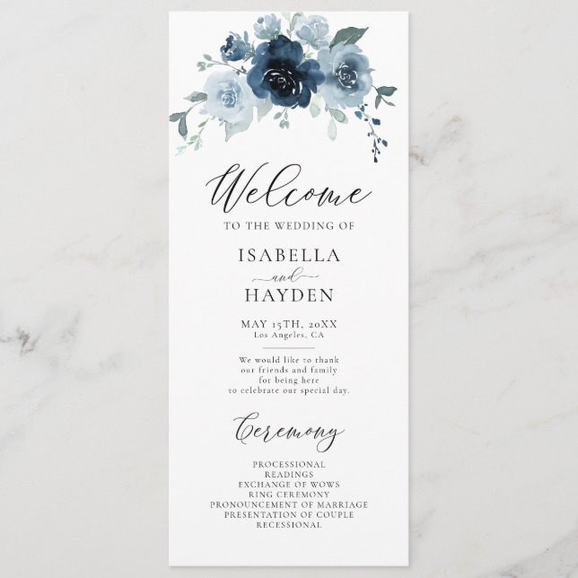 Dusty Blue Navy Floral Rustic Watercolor Wedding Program (Front)