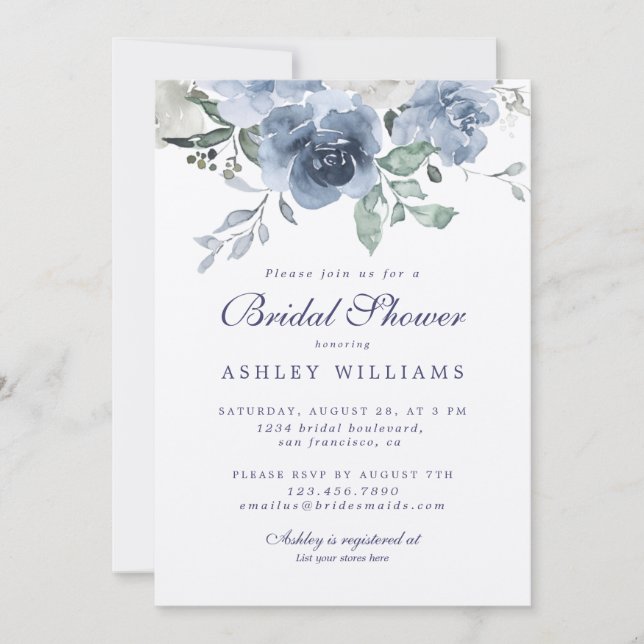 Dusty Blue Navy Floral Script Bridal Shower Invitation (Front)