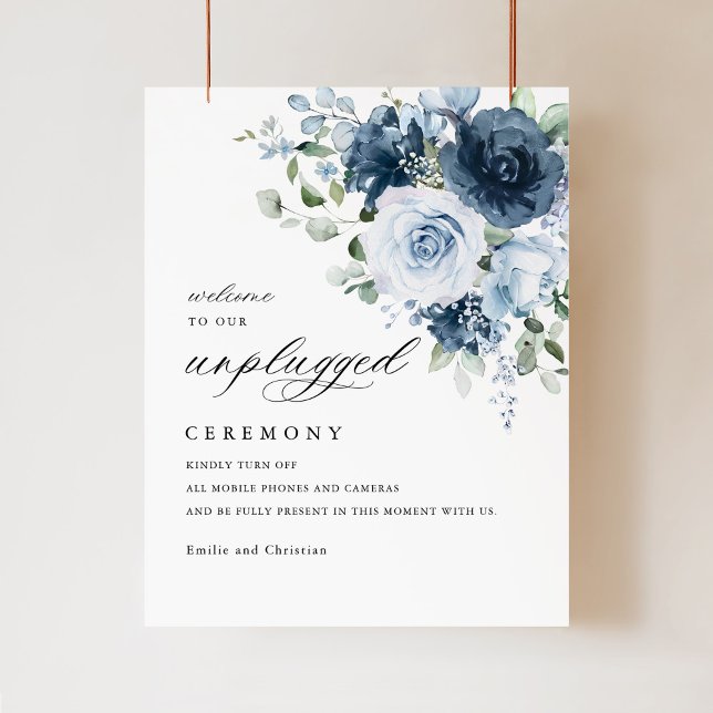 dusty blue navy floral unplugged wedding sign (Dusty blue navy floral unplugged ceremony sign hanging, elegant watercolor bouquet design)