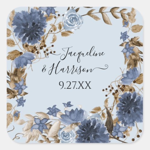 Dusty Blue Navy Floral Watercolor Foliage Wedding Square Sticker