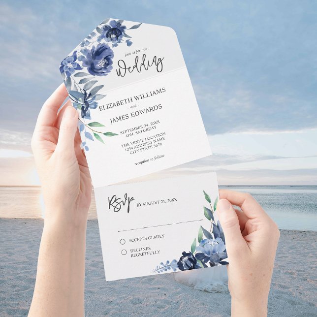 Dusty Blue Navy Floral Wedding All In One Invitation (Creator Uploaded)