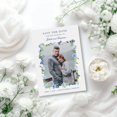 Dusty Blue Navy Floral Wedding Photo Save The Date