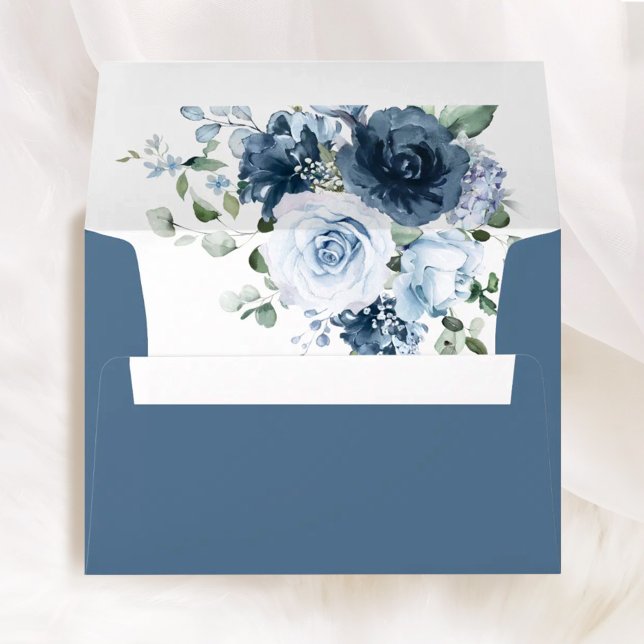 Dusty Blue Navy Floral Wedding Printed Envelope (Dusty blue navy floral wedding printed envelope with printed liner and watercolor roses flatlay)