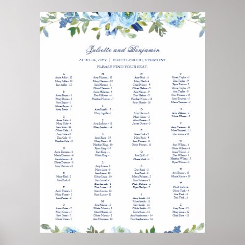 Dusty Blue Navy Floral Wedding Seating Chart